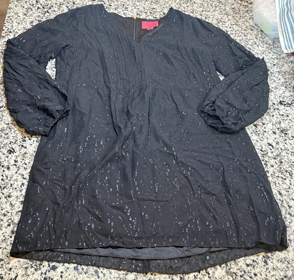 Lilly Pulitzer Cleme Dress Womens Black Silk Metallic Balloon Sleeve Shift Sz 14